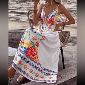Boho floral print open back maxi dress